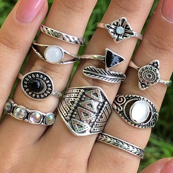 10 pcs Gothic Ring Set,‎ Hippie Rings, Punk Ring, Vintage Rings for Women, Black - Picture 1 of 3